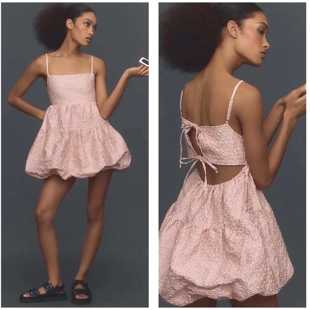 Aureta Studio Anthropologie Small Square-Neck Pink Bubble-Hem Floral Mini Dress